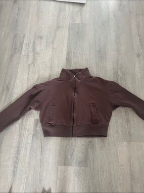 MPG Cropped Zip Bomber Jacket in Chocolate Brown